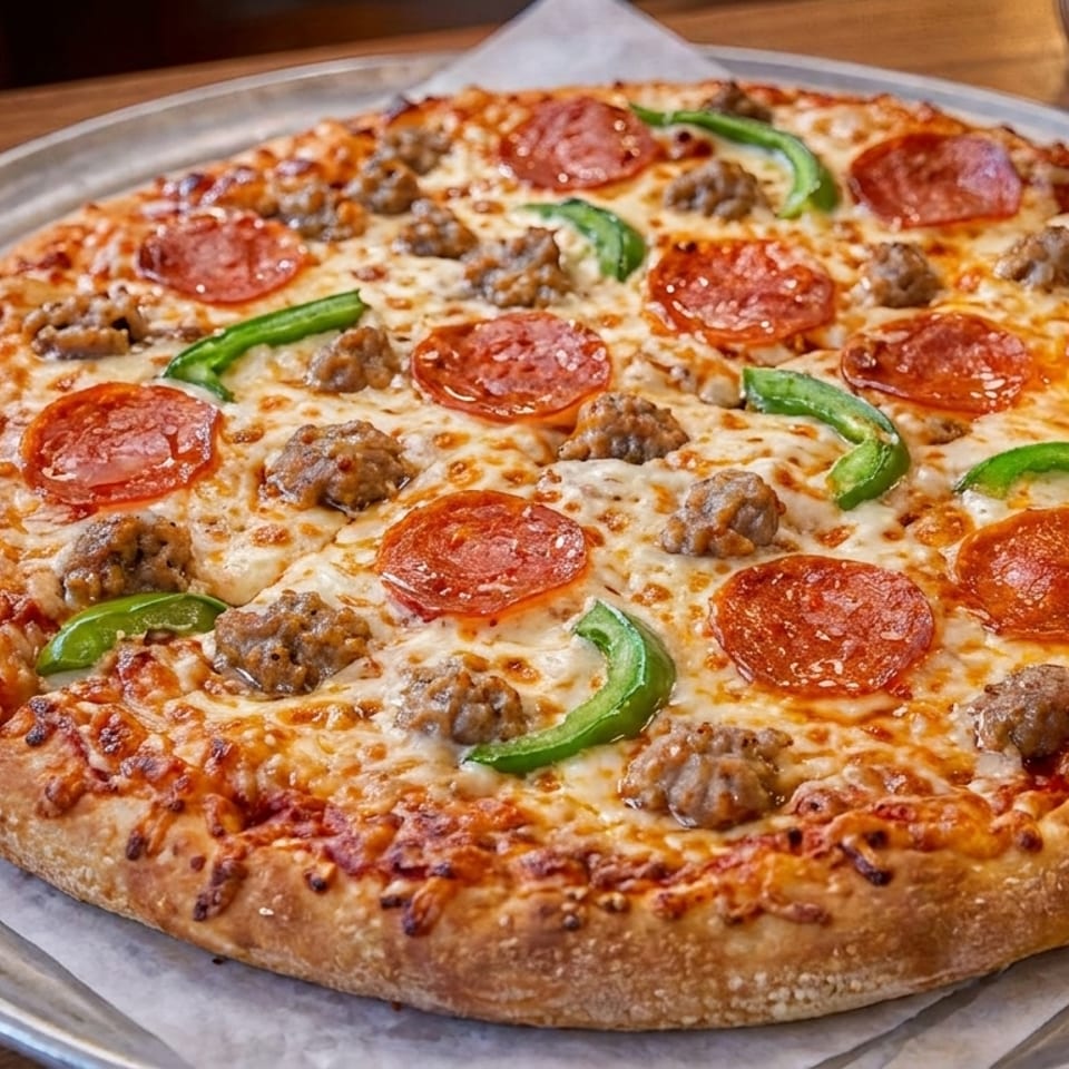 A whole pepperoni, sausage, and green pepper pizza on a metal tray.