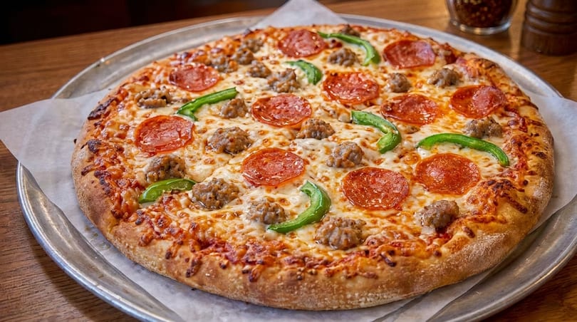 A whole pepperoni, sausage, and green pepper pizza on a metal tray.