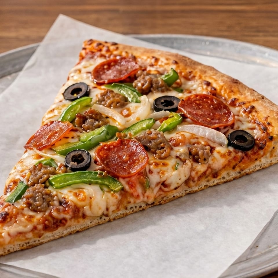 A slice of pizza with pepperoni, sausage, green peppers, onions, and black olives on a metal tray.