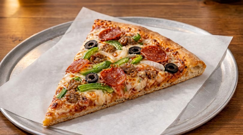 A slice of pizza with pepperoni, sausage, green peppers, onions, and black olives on a metal tray.