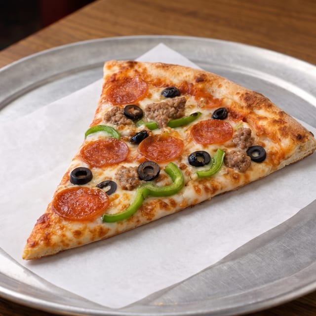 Cheese Pizza Slice with Four Toppings.