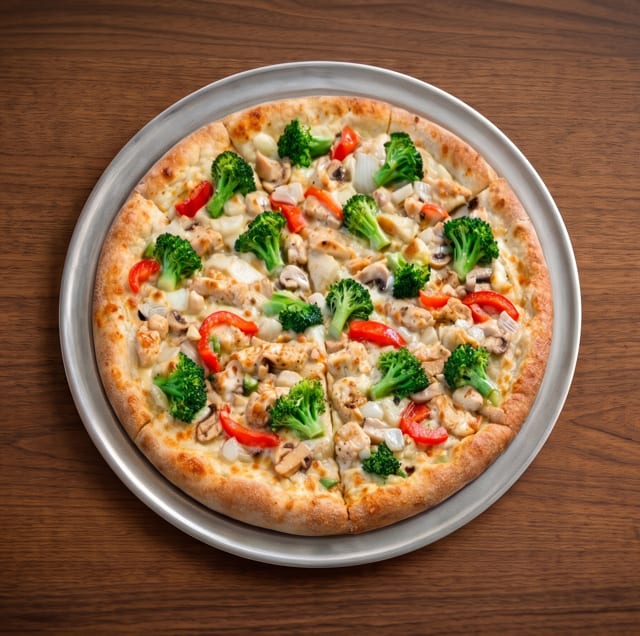 Chicken Broccoli Alfredo Pizza.