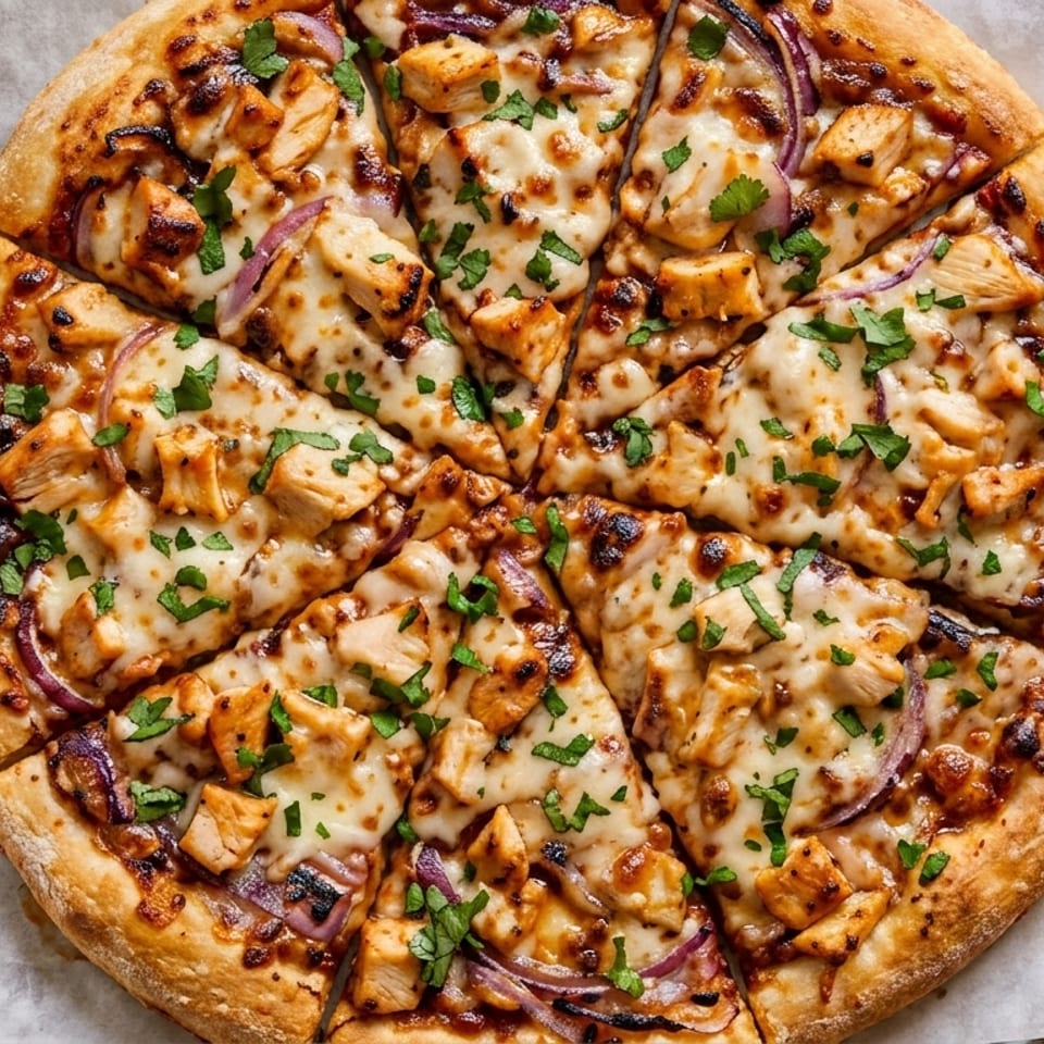 A freshly baked, sliced BBQ chicken pizza with red onions and cilantro on a metal tray.