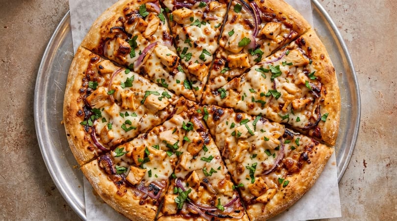 A freshly baked, sliced BBQ chicken pizza with red onions and cilantro on a metal tray.