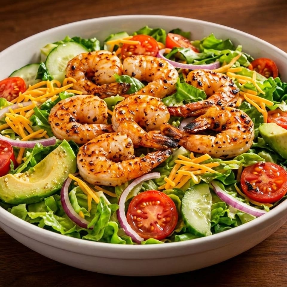 A vibrant shrimp salad in a white bowl, featuring grilled shrimp, lettuce, tomatoes, avocado, and cheese.