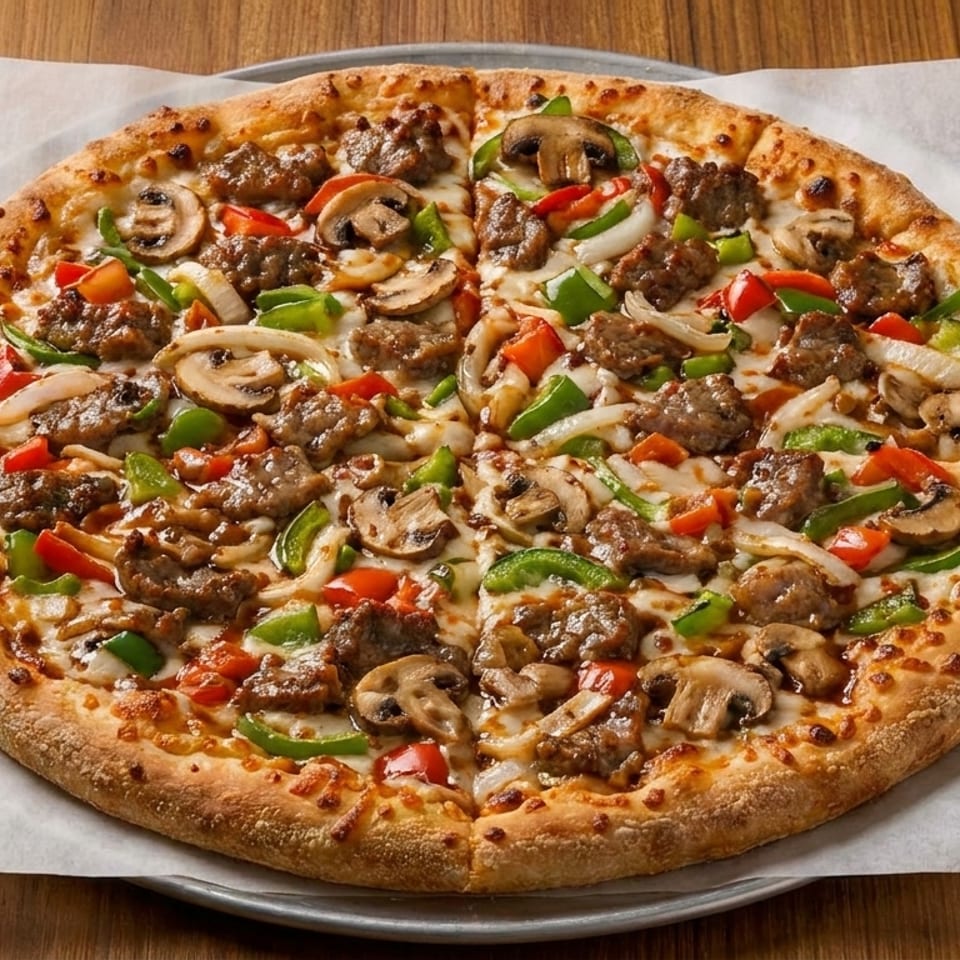 A whole pizza topped with sausage, mushrooms, green and red peppers, and onions on a wooden table.