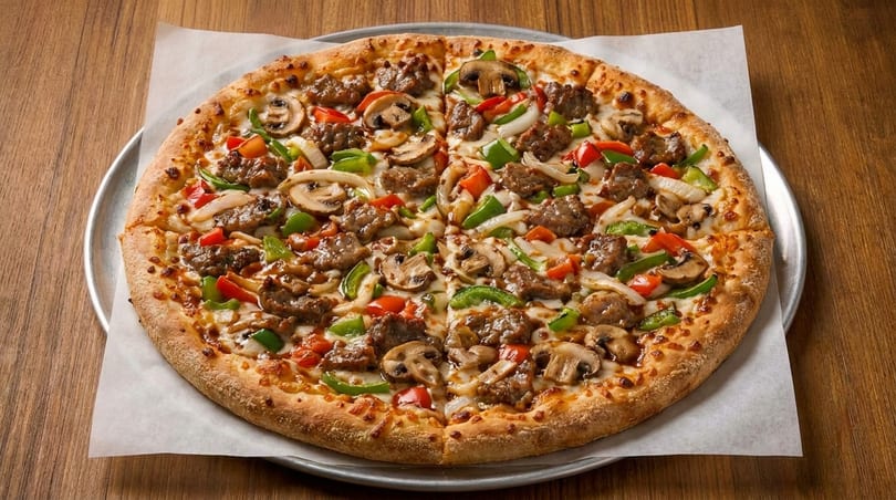 A whole pizza topped with sausage, mushrooms, green and red peppers, and onions on a wooden table.