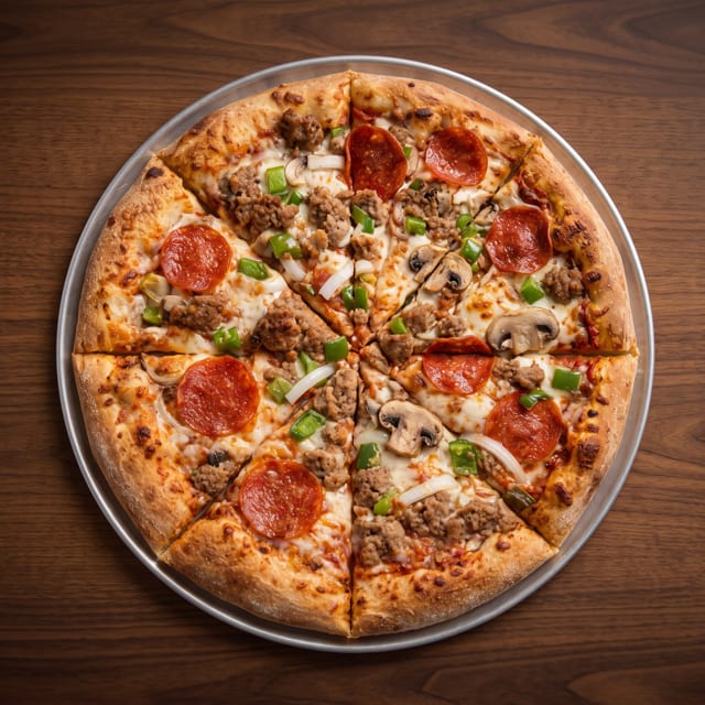 Cheese Pizza with Five Toppings.