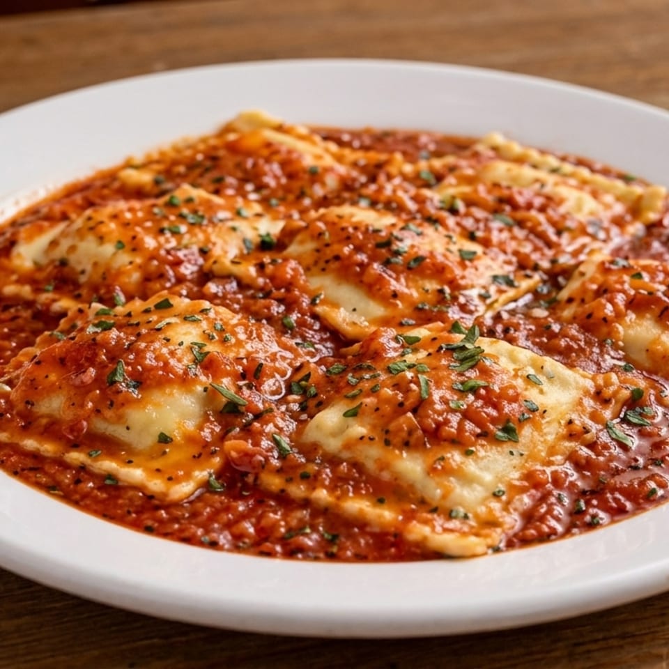 Plate of ravioli covered in a rich red tomato sauce and garnished with fresh herbs.