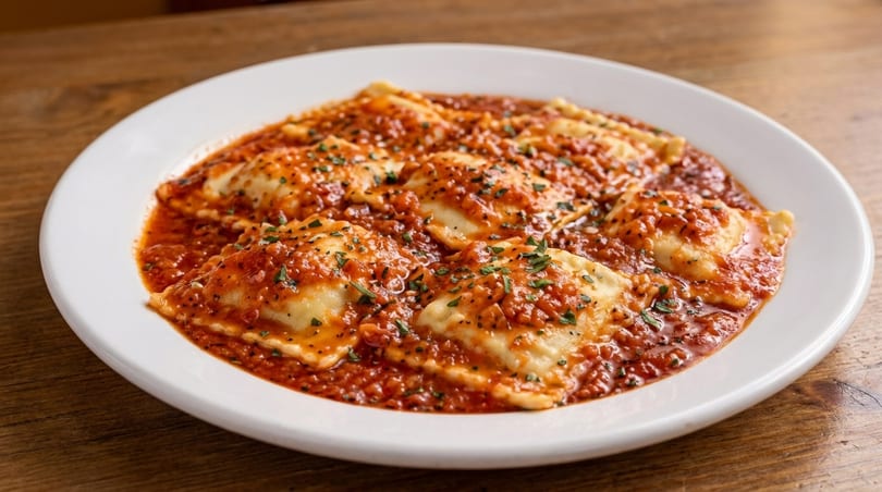 Plate of ravioli covered in a rich red tomato sauce and garnished with fresh herbs.