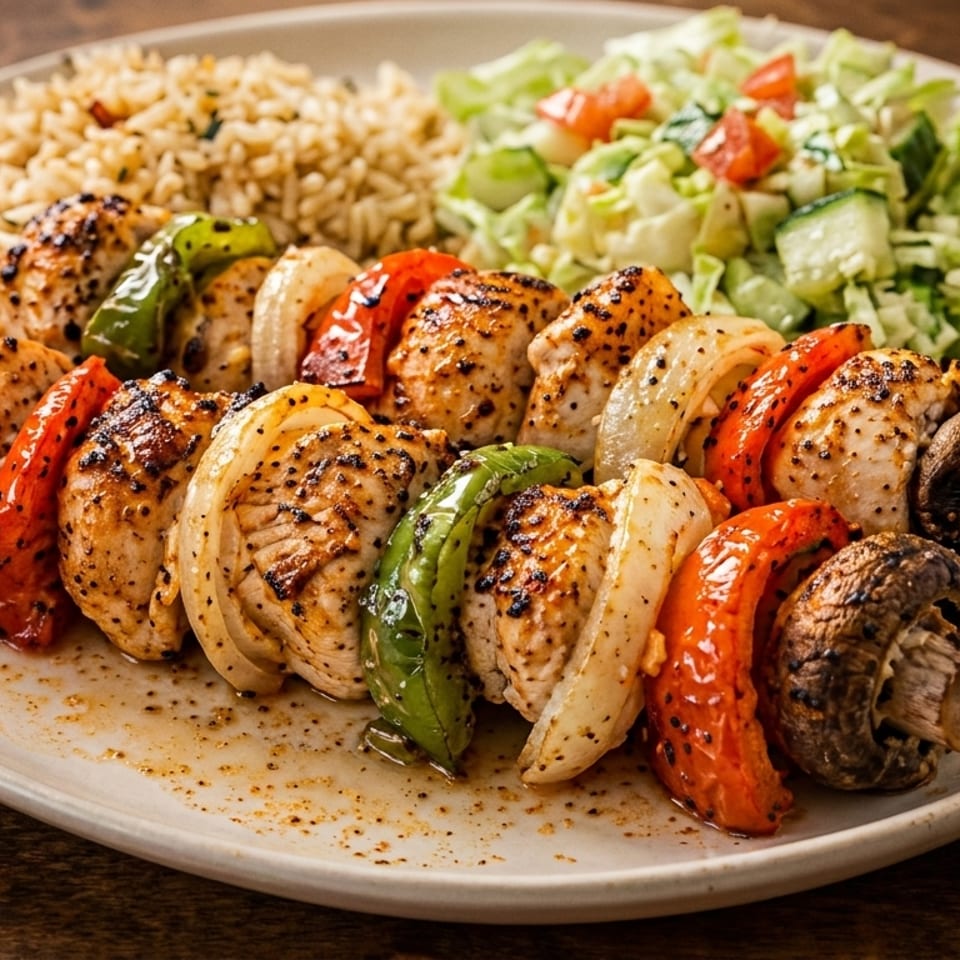 Grilled chicken and vegetable skewers with rice and a side salad on a white plate.