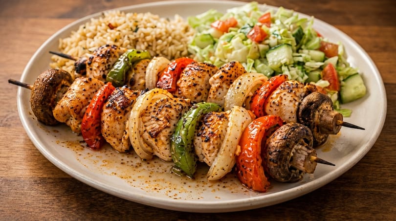 Grilled chicken and vegetable skewers with rice and a side salad on a white plate.