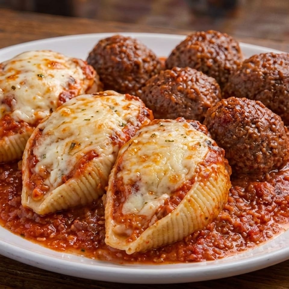 Stuffed pasta shells with melted cheese and meatballs in red sauce on a white plate.