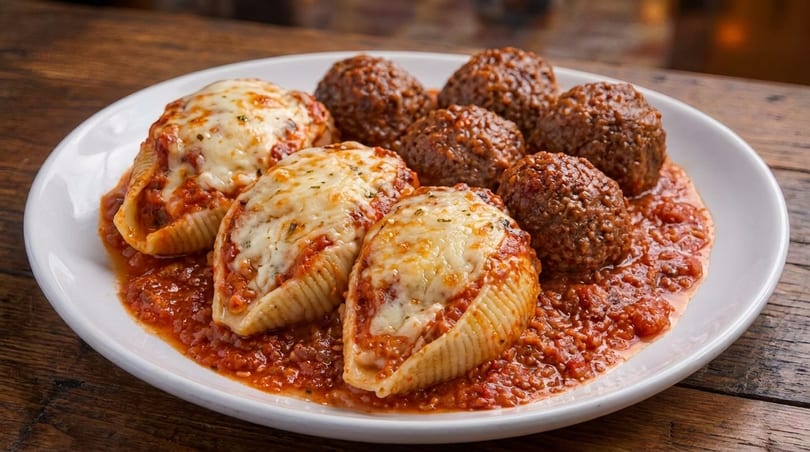 Stuffed pasta shells with melted cheese and meatballs in red sauce on a white plate.