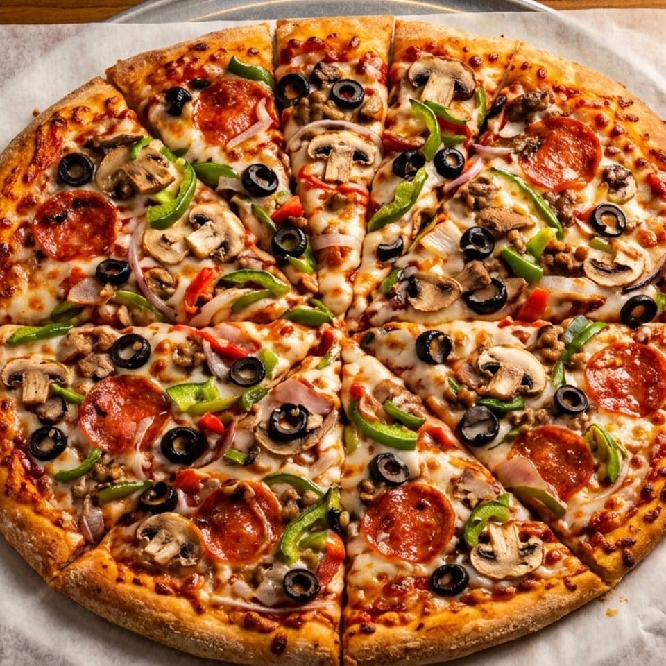 A whole supreme pizza with pepperoni, mushrooms, olives, and peppers on a metal tray.