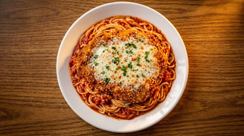Chicken parmesan with melted cheese and parsley, served over spaghetti with red sauce on a white plate.