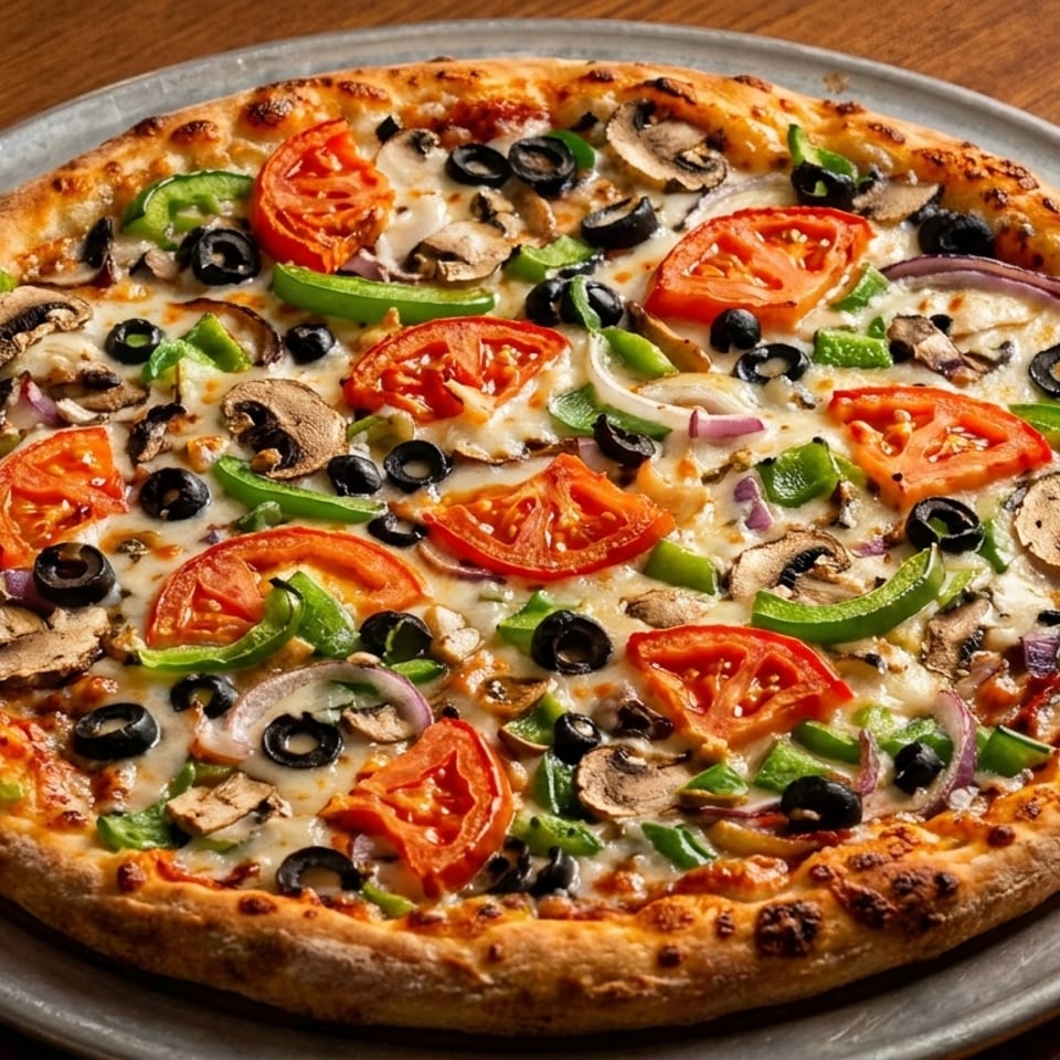 A freshly baked vegetarian pizza with tomatoes, mushrooms, olives, bell peppers, and onions.