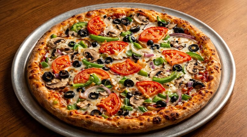 A freshly baked vegetarian pizza with tomatoes, mushrooms, olives, bell peppers, and onions.