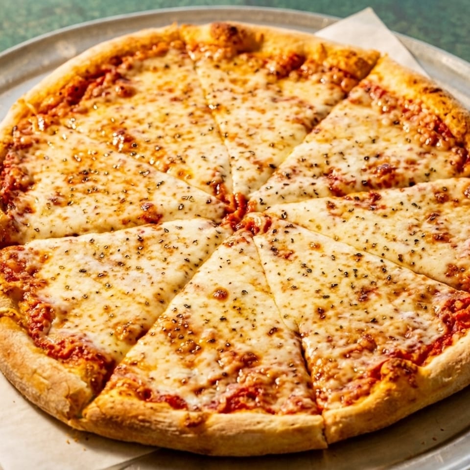 A whole cheese pizza, cut into eight slices, on a metal pan with parchment paper.