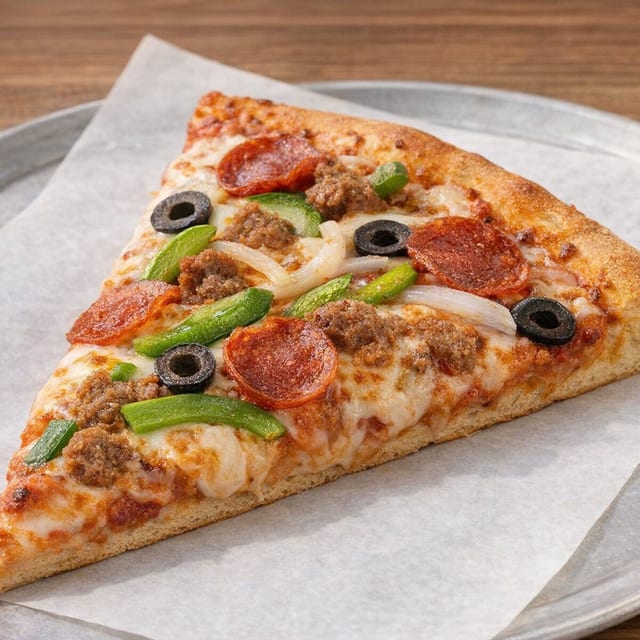 Cheese Pizza Slice with Five Toppings.
