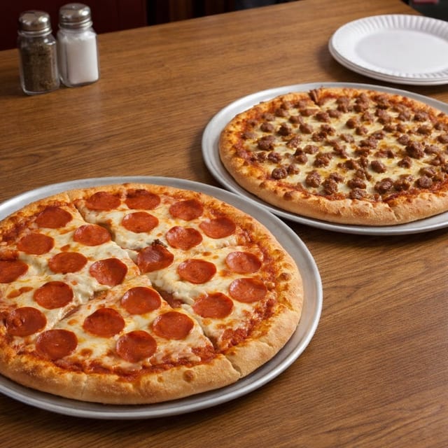Two Large One Topping Pizzas.