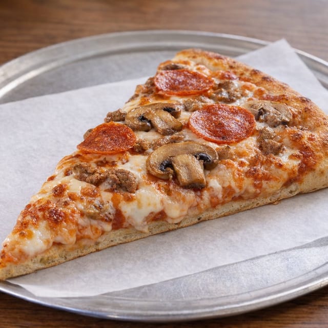 Cheese Pizza Slice with Three Toppings.