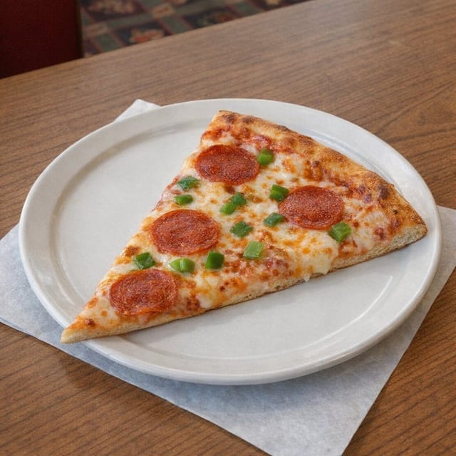 Cheese Pizza Slice with Two Toppings.