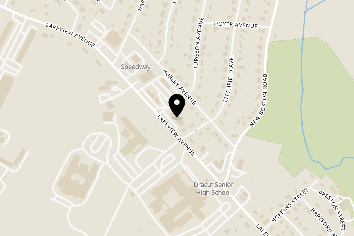 Map showing the location of Family Pizza on 1595 Lakeview Ave in Dracut